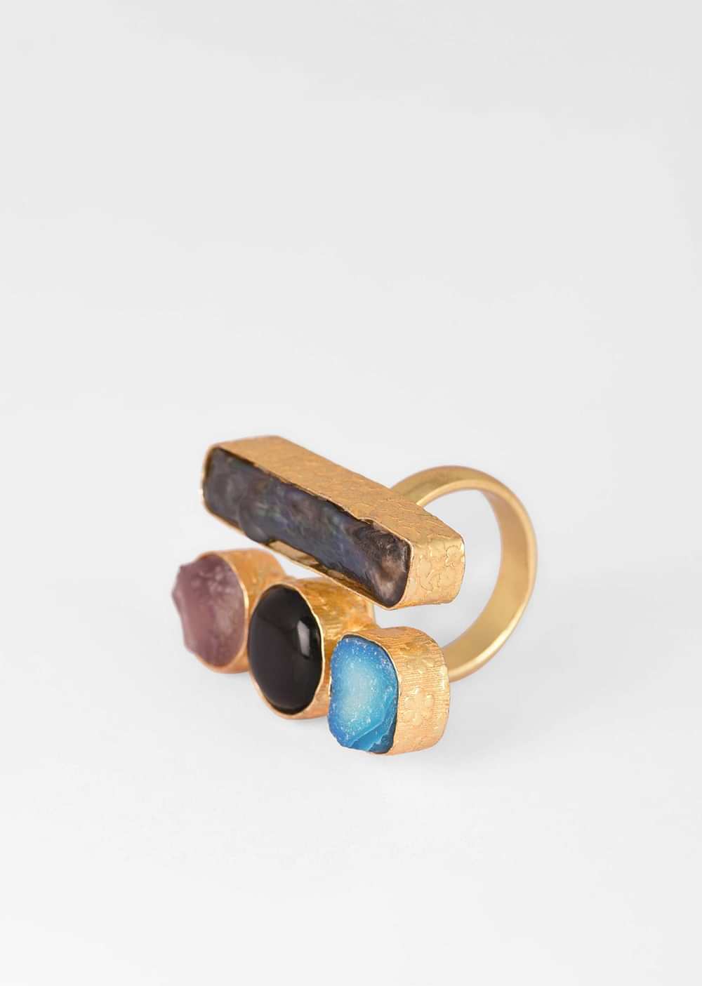 Multi Colored Ring With Semi Precious Stones In Iridescent Purple, Blue, Black And Amethyst Purple