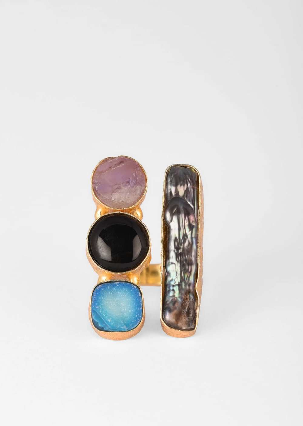 Multi Colored Ring With Semi Precious Stones In Iridescent Purple, Blue, Black And Amethyst Purple