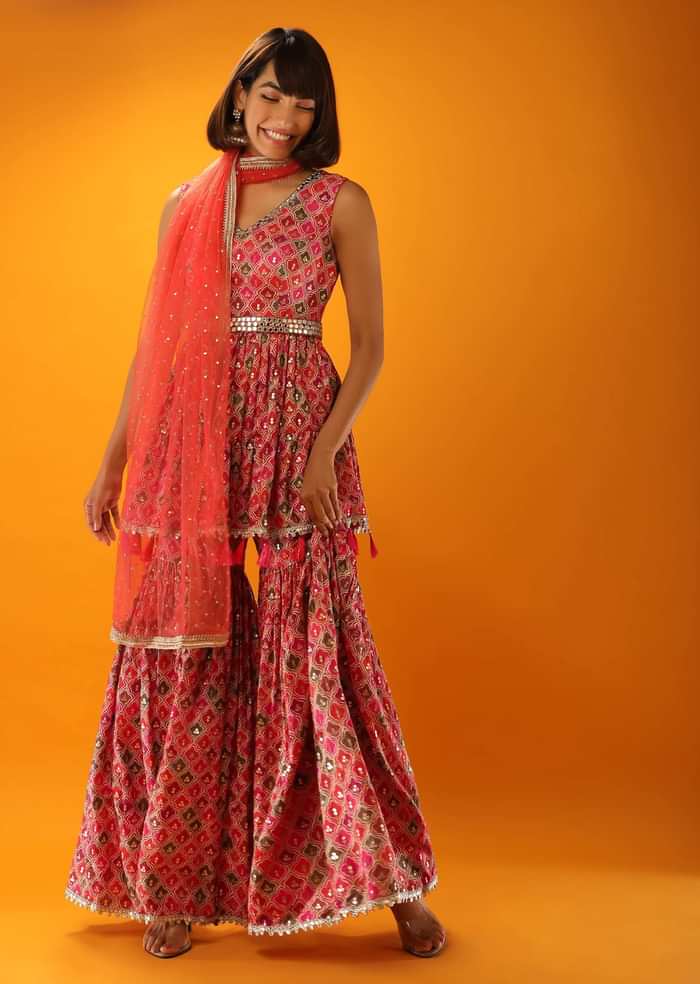 Multi Colored Sharara And Peplum Suit In Silk With Moroccan Print And Mirror Embroidery