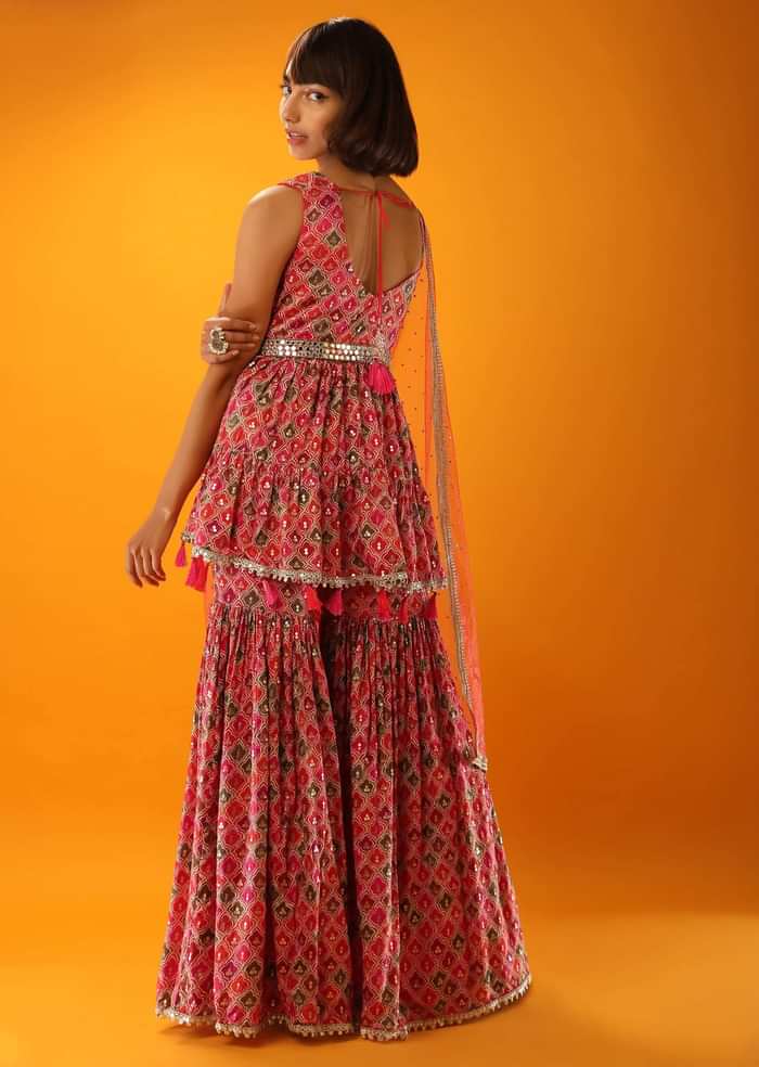 Multi Colored Sharara And Peplum Suit In Silk With Moroccan Print And Mirror Embroidery