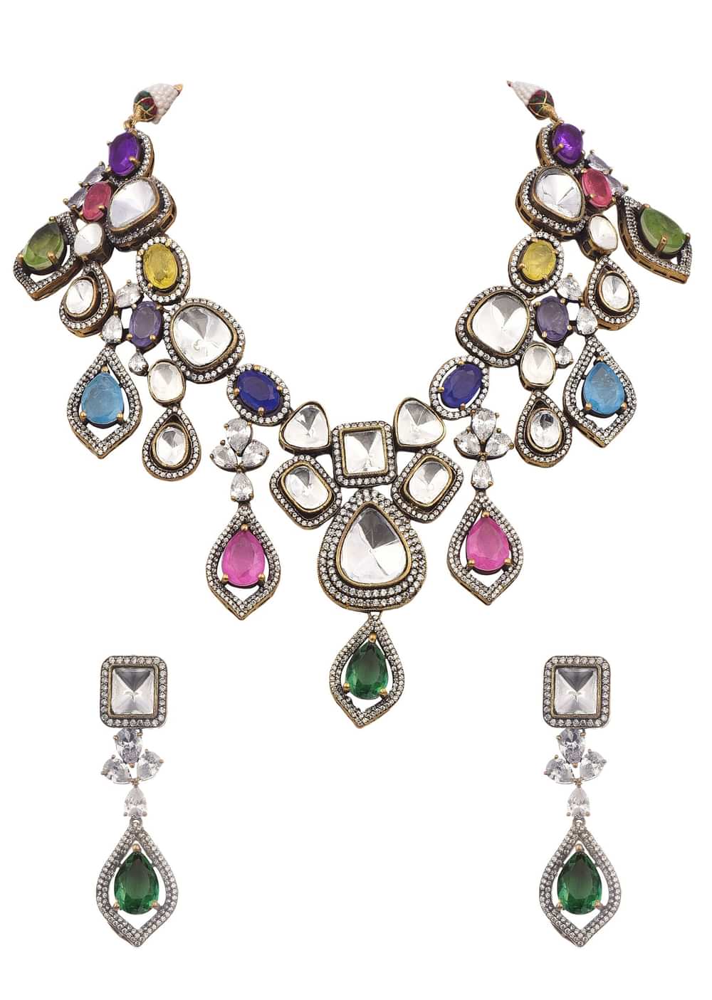 Multi Colour Uncut Polki Short Necklace Set With Stones