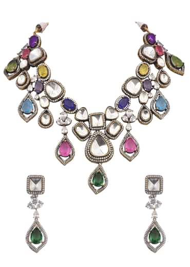 Multi Colour Uncut Polki Short Necklace Set With Stones