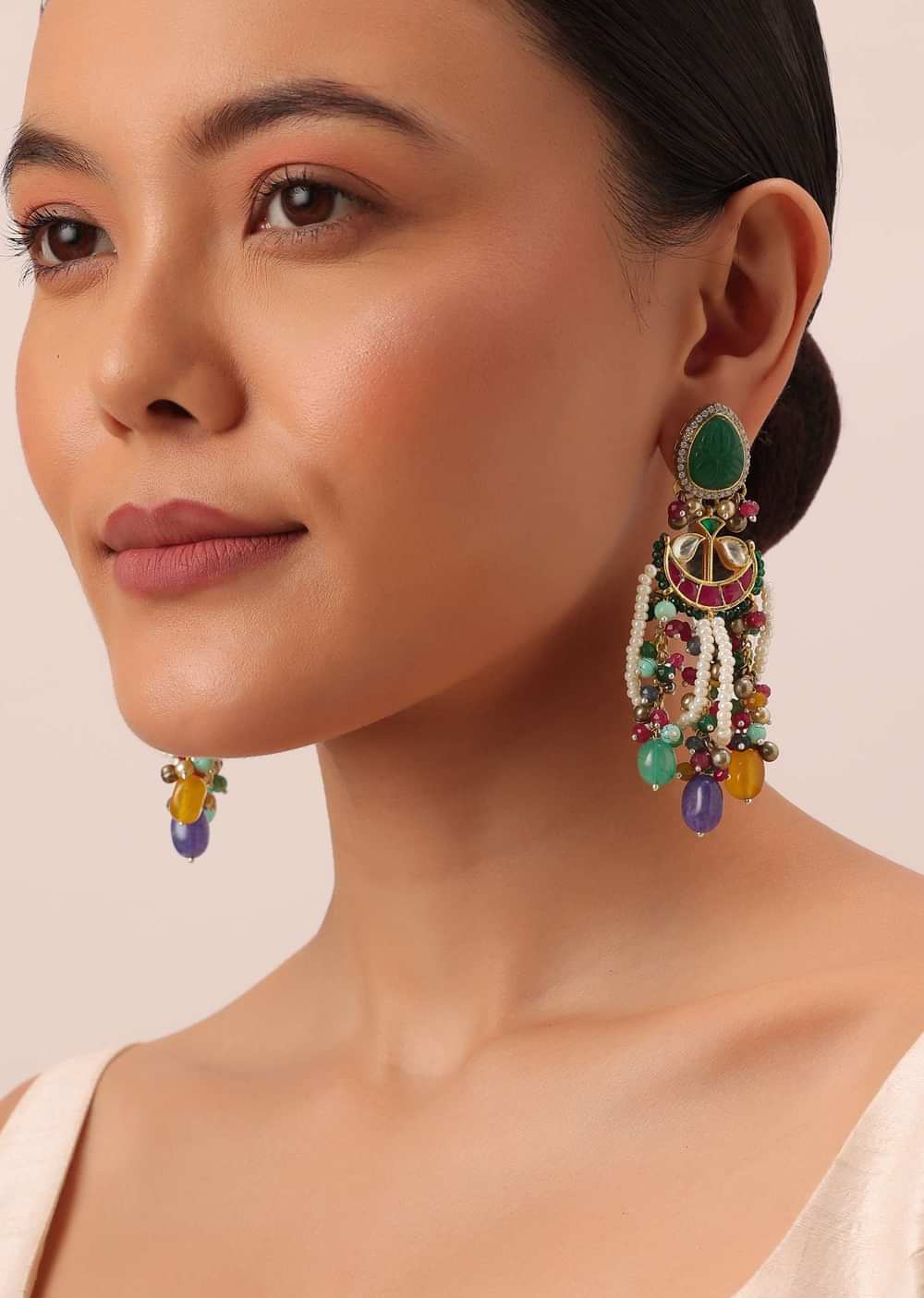 Multi Color Oversized Fusion Danglers With Bead Drops And Meenakari Work