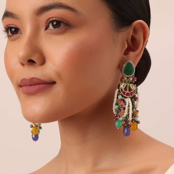 Multi Color Oversized Fusion Danglers With Bead Drops And Meenakari Work Multi Color Oversized Fusion Danglers With Bead Drops And Meenakari Work