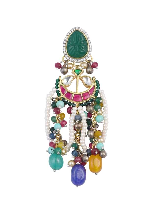 Multi Color Oversized Fusion Danglers With Bead Drops And Meenakari Work Multi Color Oversized Fusion Danglers With Bead Drops And Meenakari Work