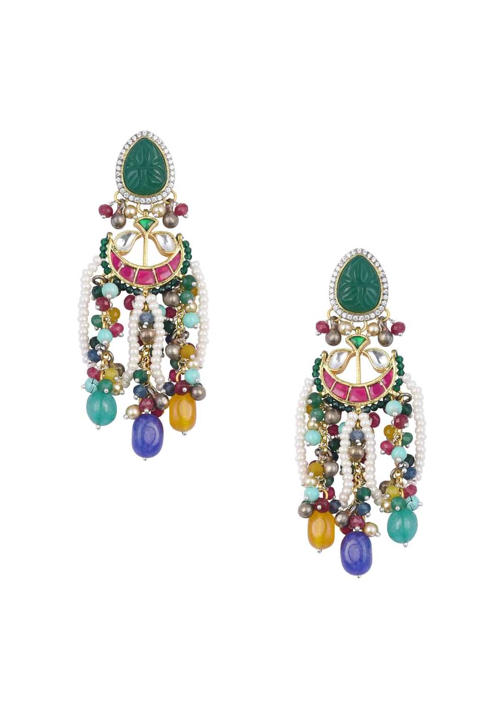 Multi Color Oversized Fusion Danglers With Bead Drops And Meenakari Work