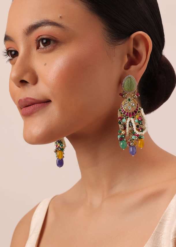 Multi Statement Danglers With Bead Drops And Meenakari Work Multi Statement Danglers With Bead Drops And Meenakari Work