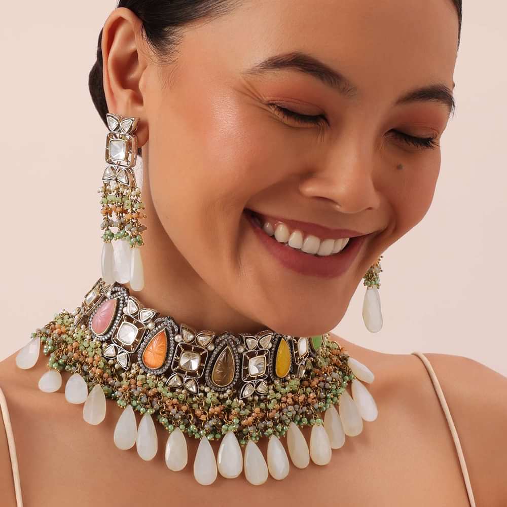 Multi Two Tone Choker Set With Multicolor Stones And Kundan