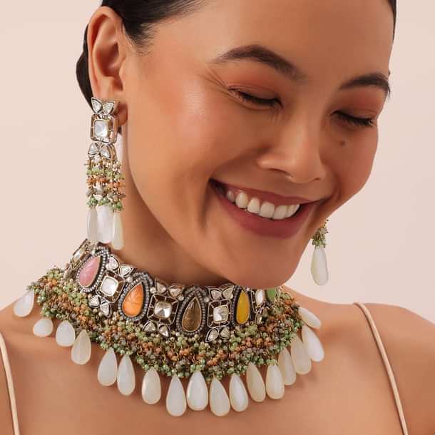 Multi Two Tone Choker Set With Multicolor Stones And Kundan