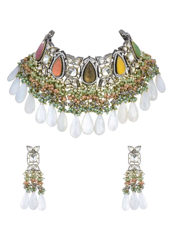 Multi Two Tone Choker Set With Multicolor Stones And Kundan