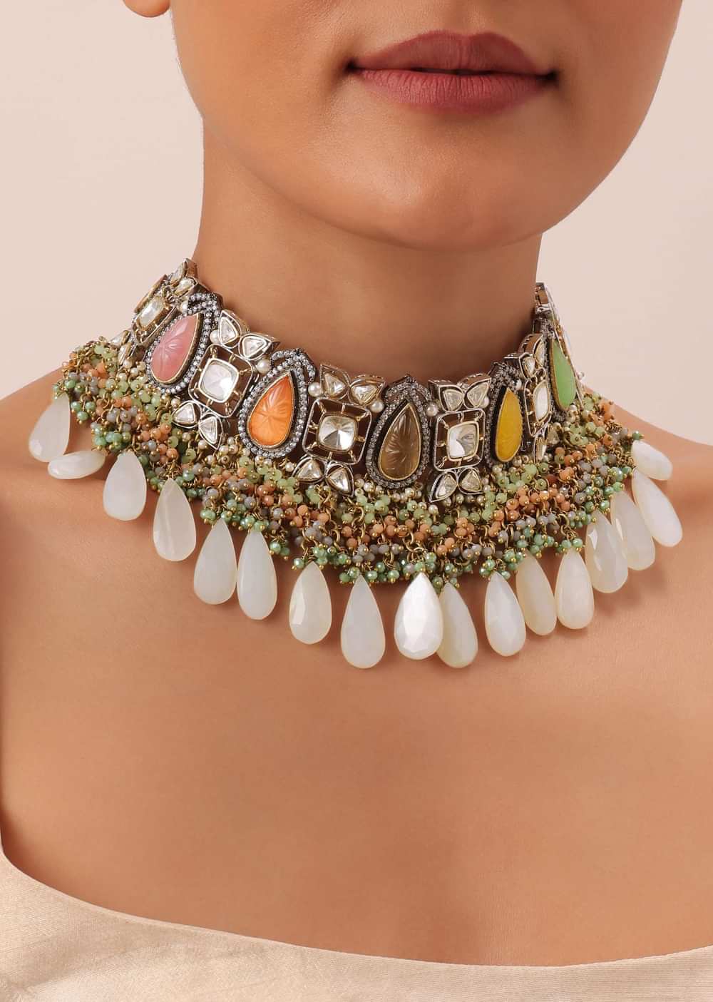 Multi Two Tone Choker Set With Multicolor Stones And Kundan