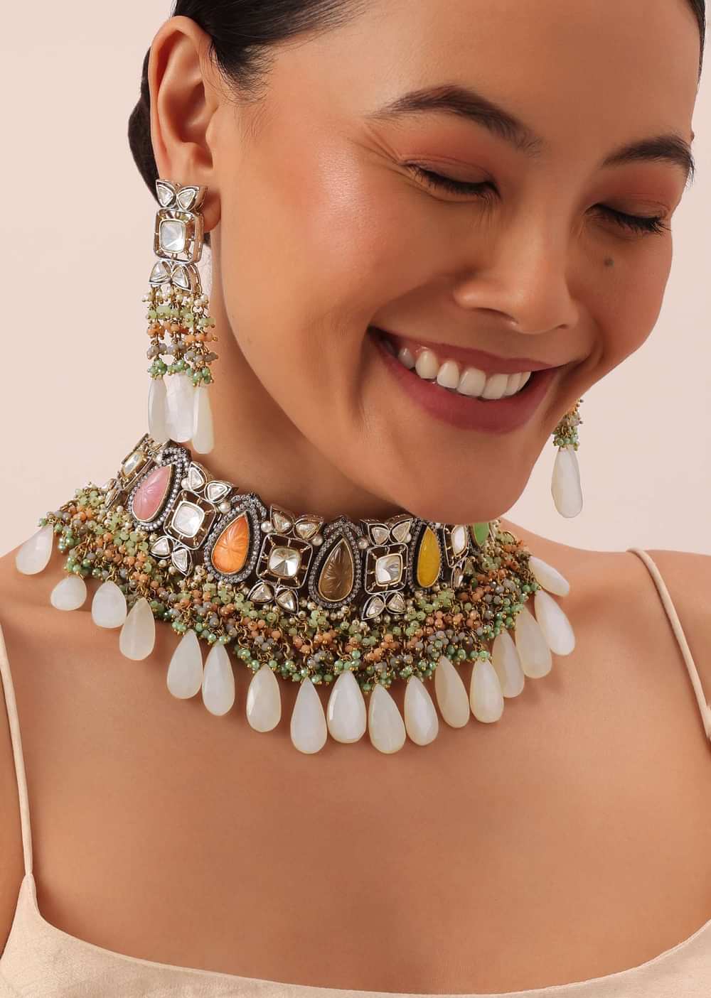 Multi Two Tone Choker Set With Multicolor Stones And Kundan
