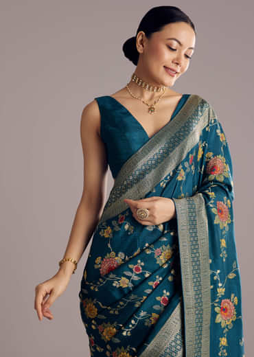 Multicolor Dola Silk Floral Jaal Woven Saree