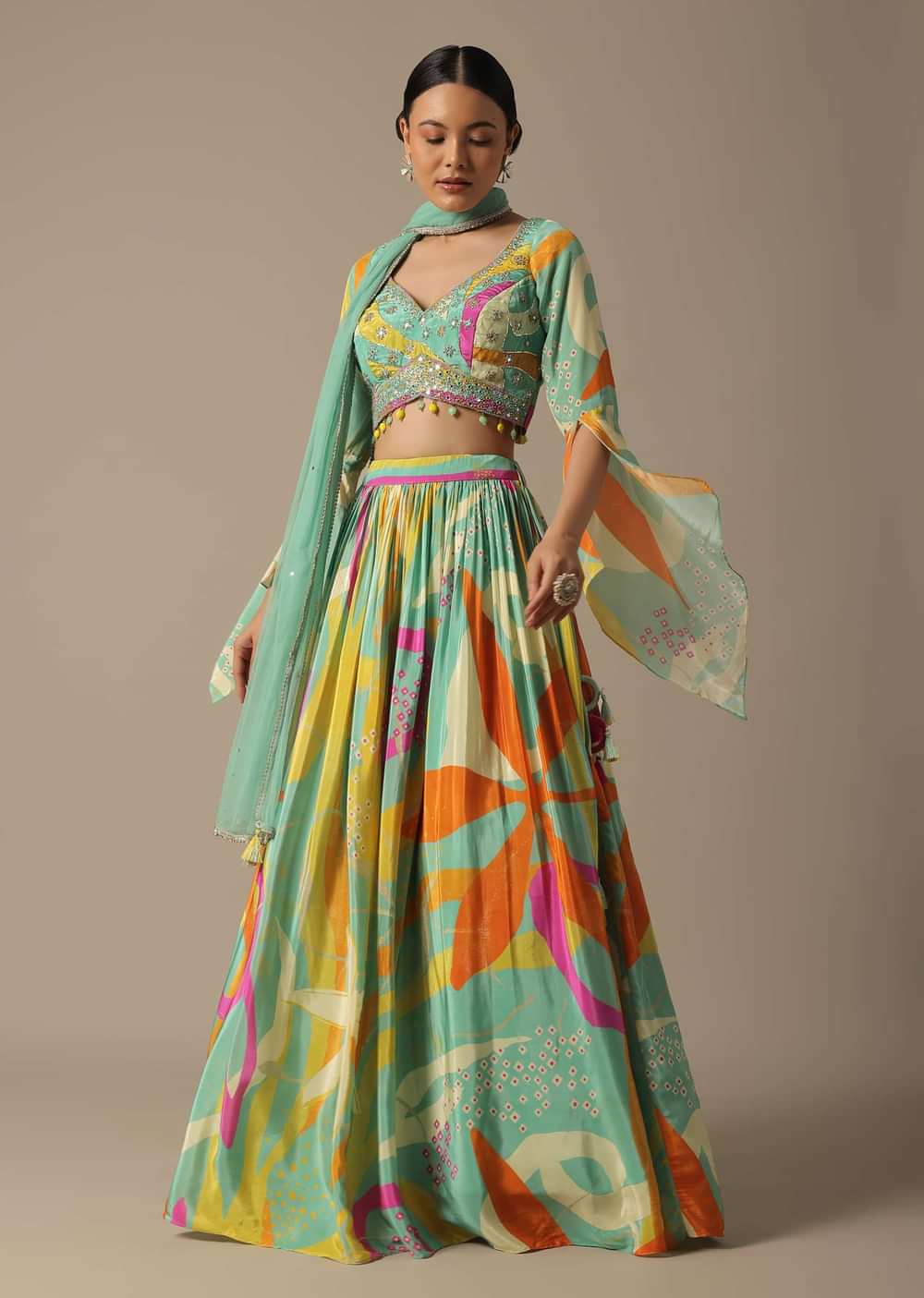 Multicolor Chiffon Printed Lehenga Set