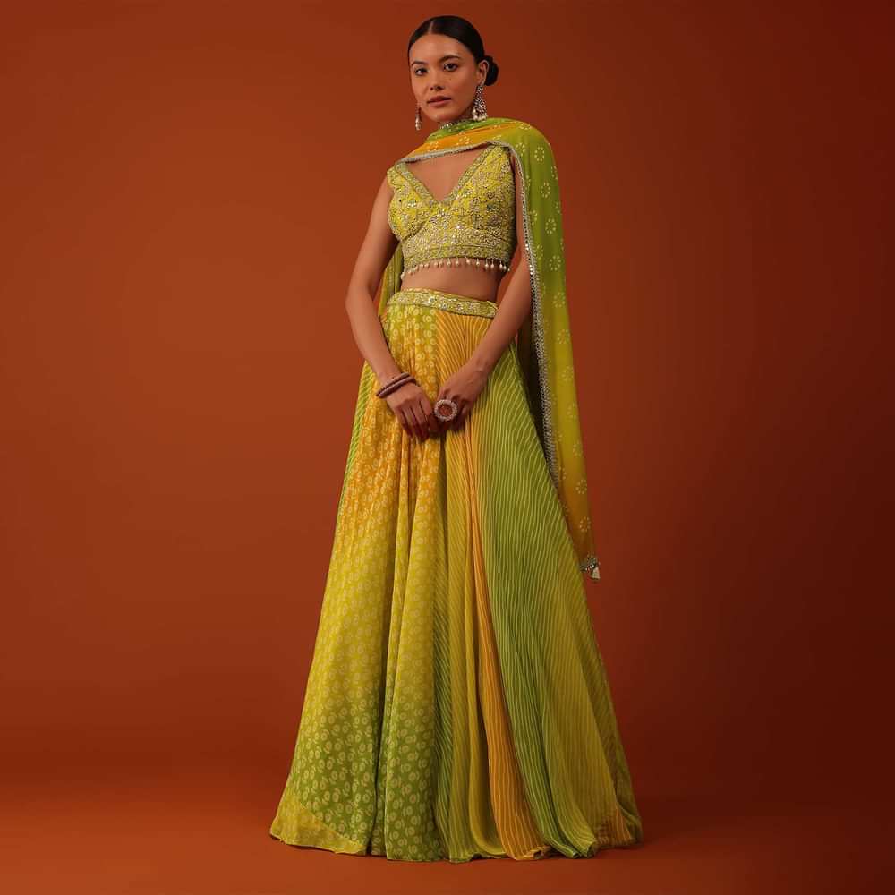 Multicolor Chinon Lehenga And Silk Blouse With Leheriya And Floral Print