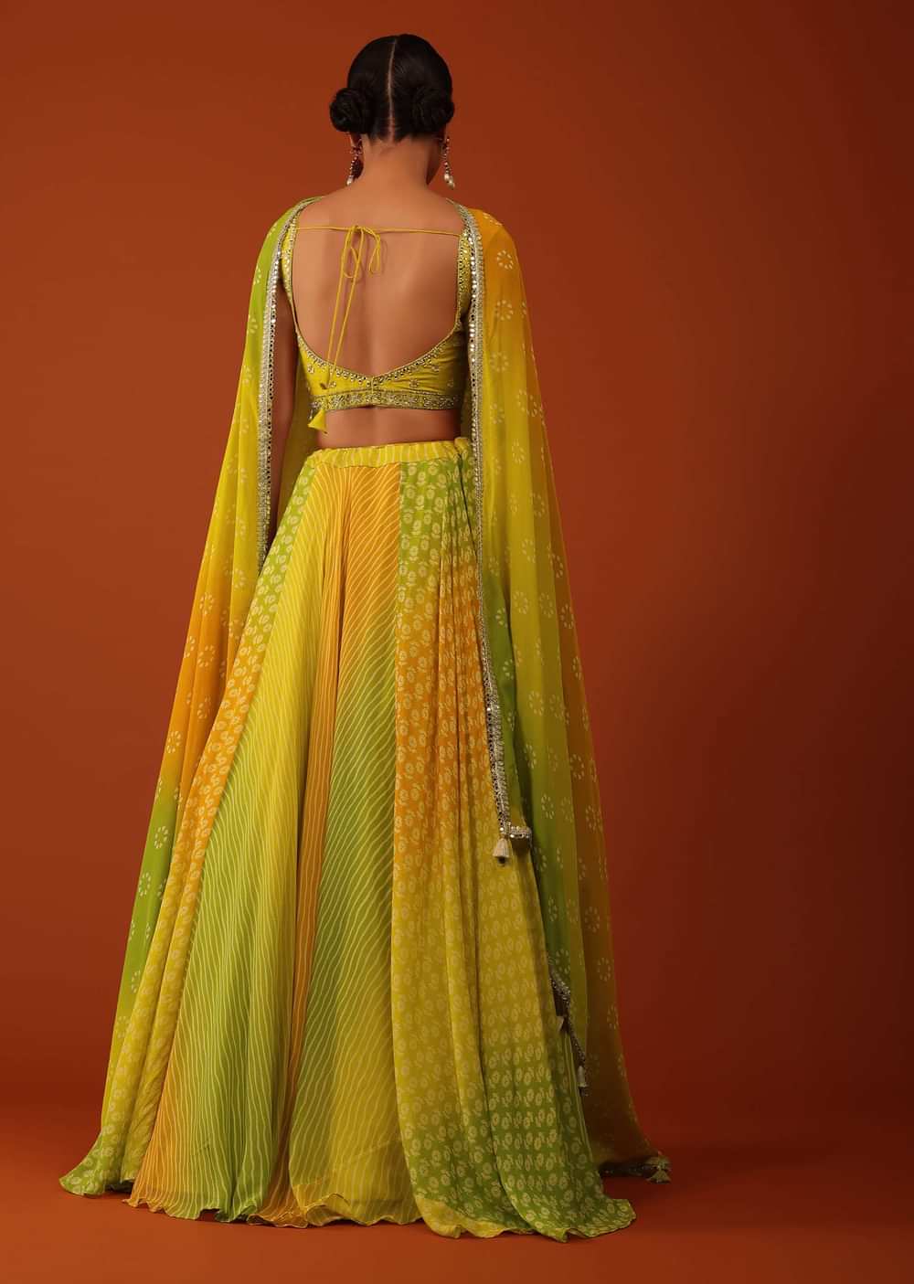 Multicolor Chinon Lehenga And Silk Blouse With Leheriya And Floral Print