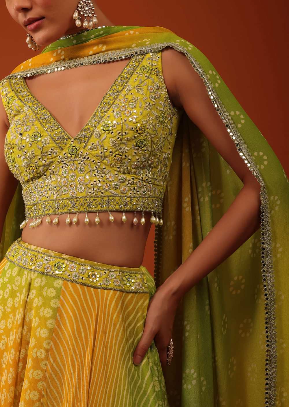 Multicolor Chinon Lehenga And Silk Blouse With Leheriya And Floral Print