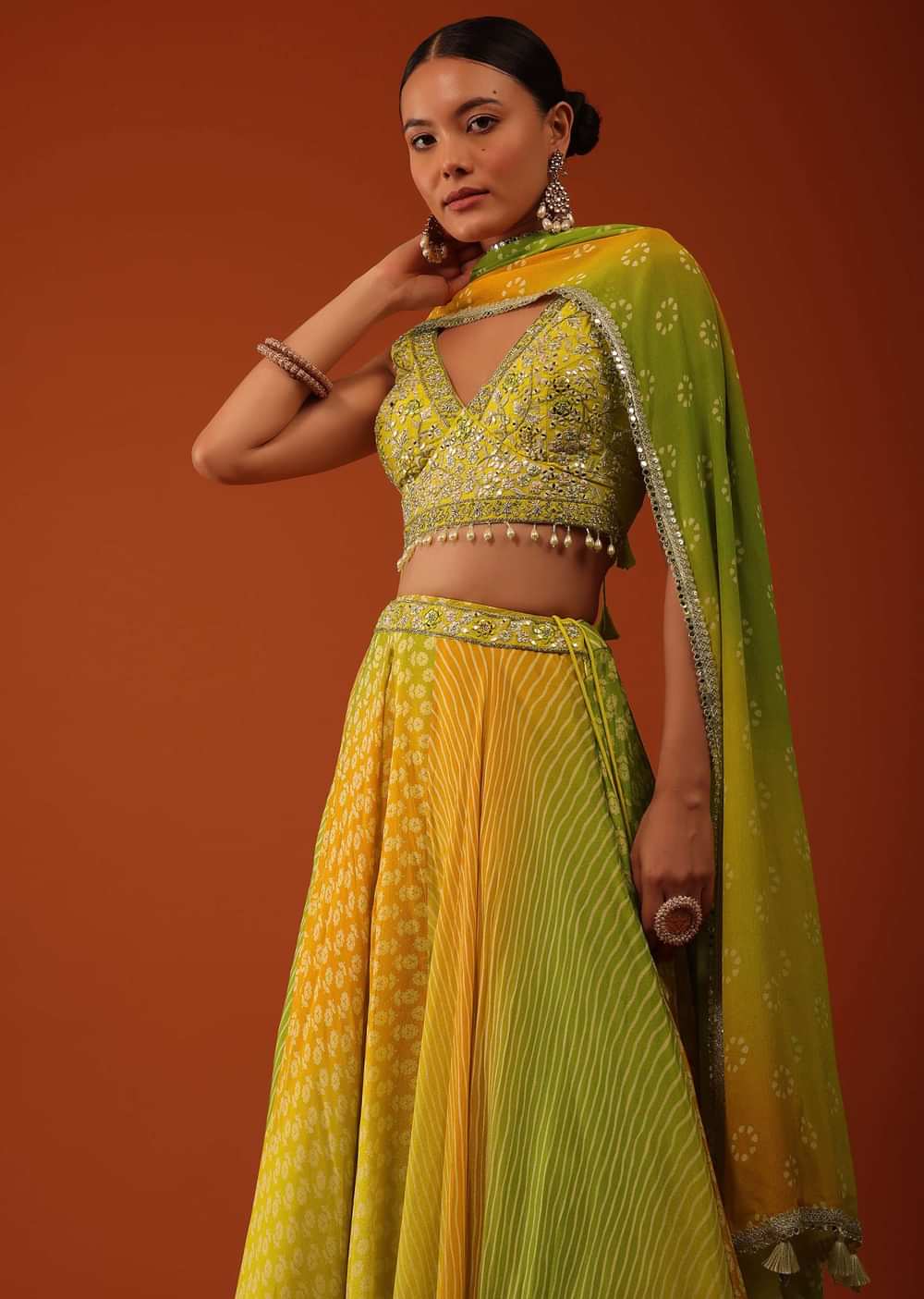 Multicolor Chinon Lehenga And Silk Blouse With Leheriya And Floral Print