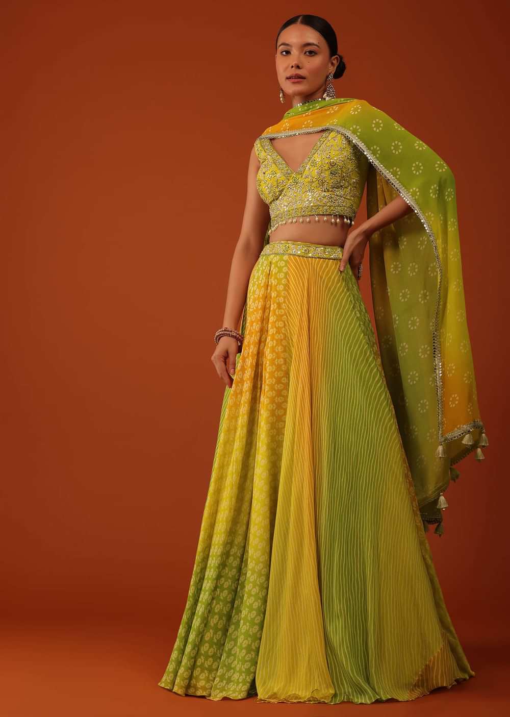 Multicolor Chinon Lehenga And Silk Blouse With Leheriya And Floral Print
