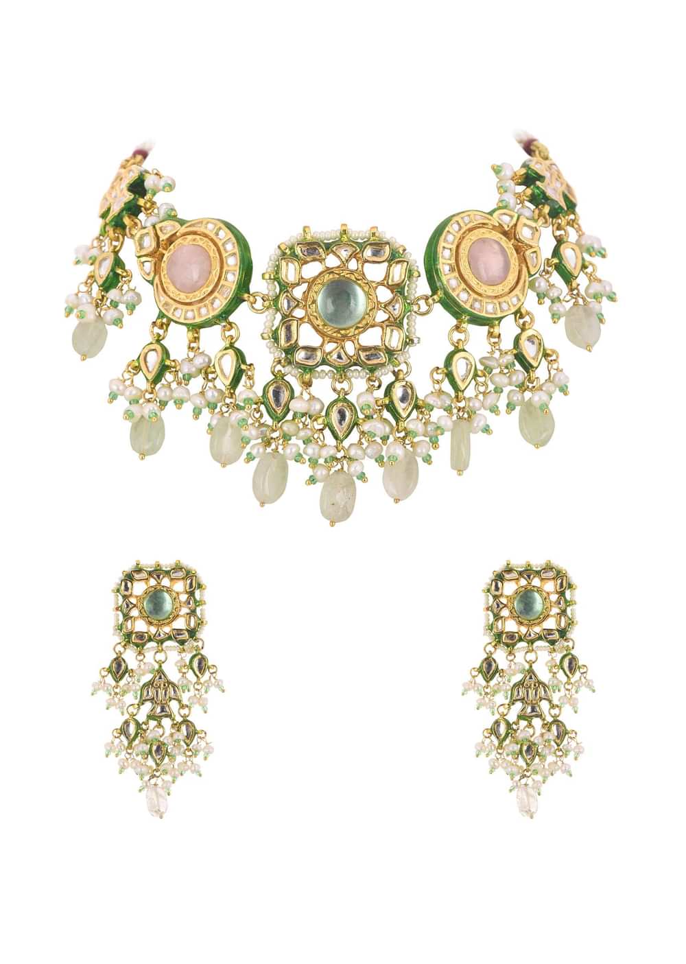 Multicolor Choker And Dangler Set With Mint Green Drops