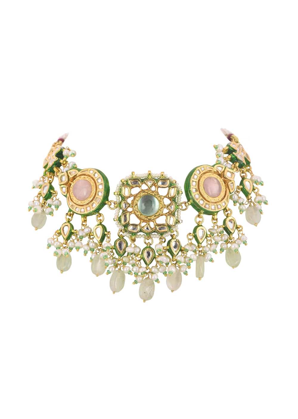 Multicolor Choker And Dangler Set With Mint Green Drops