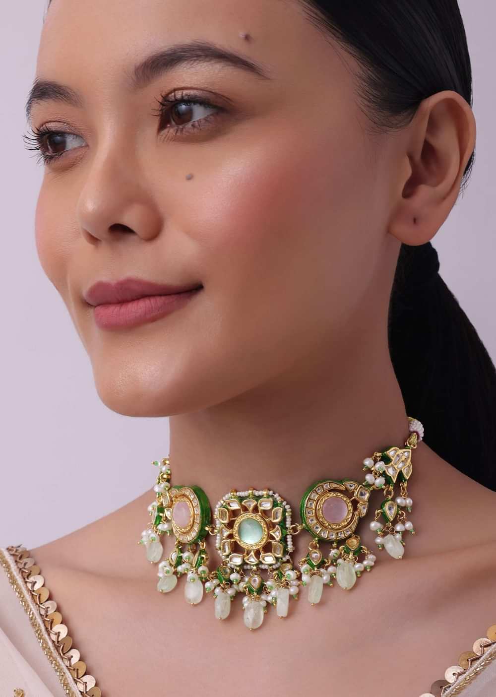 Multicolor Choker And Dangler Set With Mint Green Drops