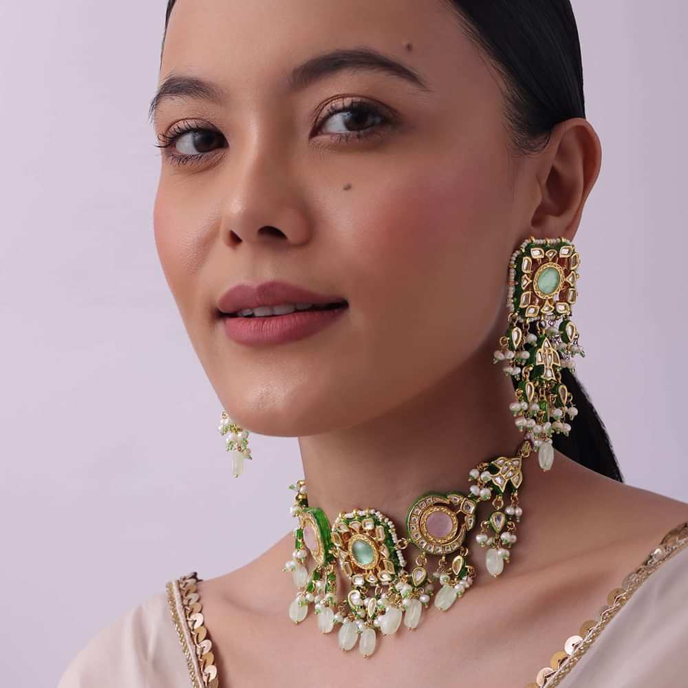 Multicolor Choker And Dangler Set With Mint Green Drops