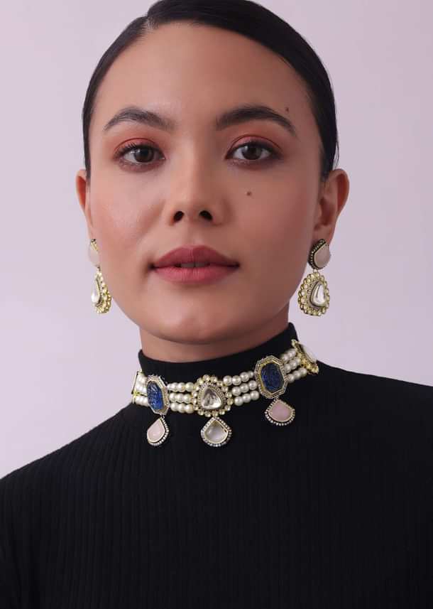 Multicolor Choker And Earring Set In Two Tone Finish Multicolor Choker And Earring Set In Two Tone Finish