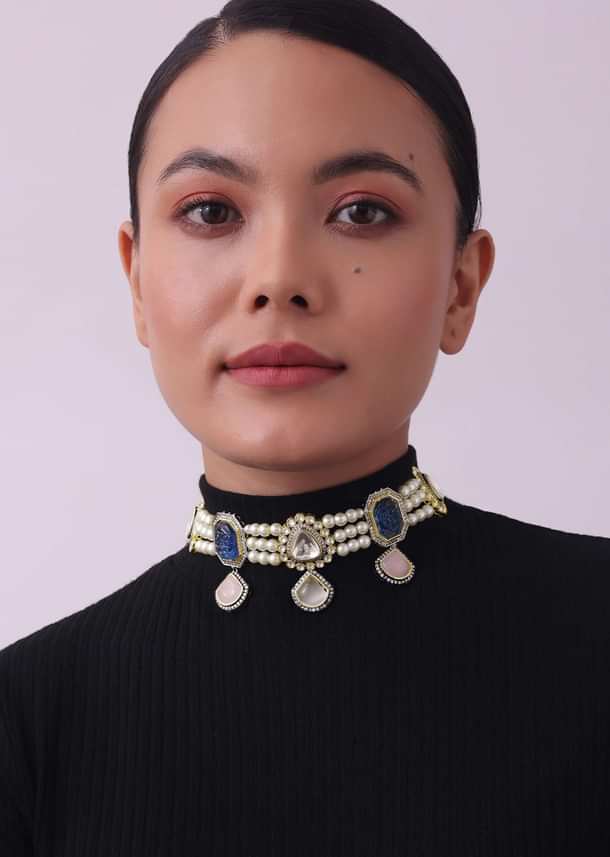 Multicolor Choker And Earring Set In Two Tone Finish Multicolor Choker And Earring Set In Two Tone Finish
