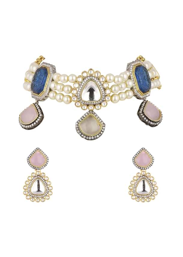 Multicolor Choker And Earring Set In Two Tone Finish Multicolor Choker And Earring Set In Two Tone Finish