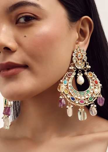 Multicolor Dangler Earrings With Kundan Work In Mix Metal