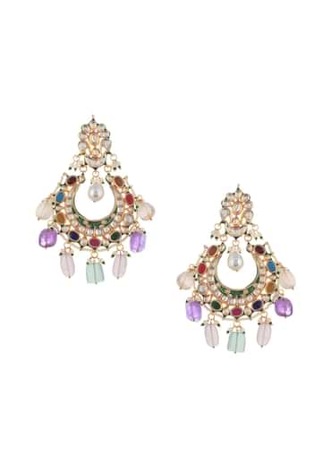 Multicolor Dangler Earrings With Kundan Work In Mix Metal