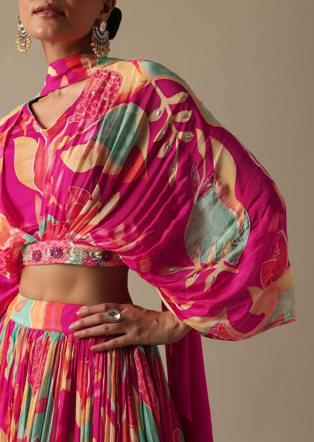 Multicolor Floral Print Lehenga Set In Chiffon