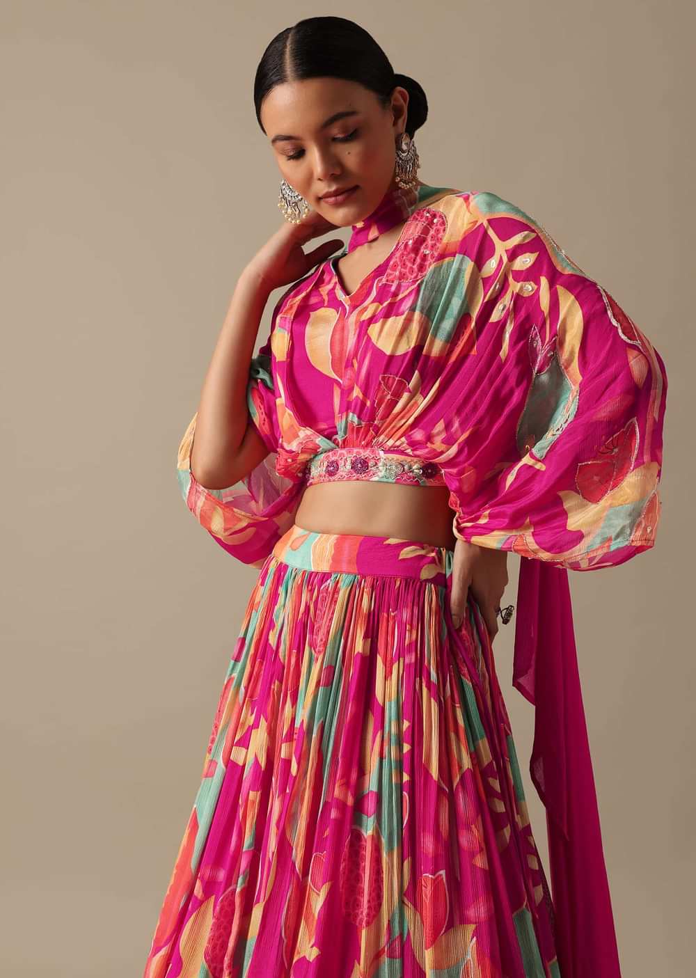 Multicolor Floral Print Lehenga Set In Chiffon