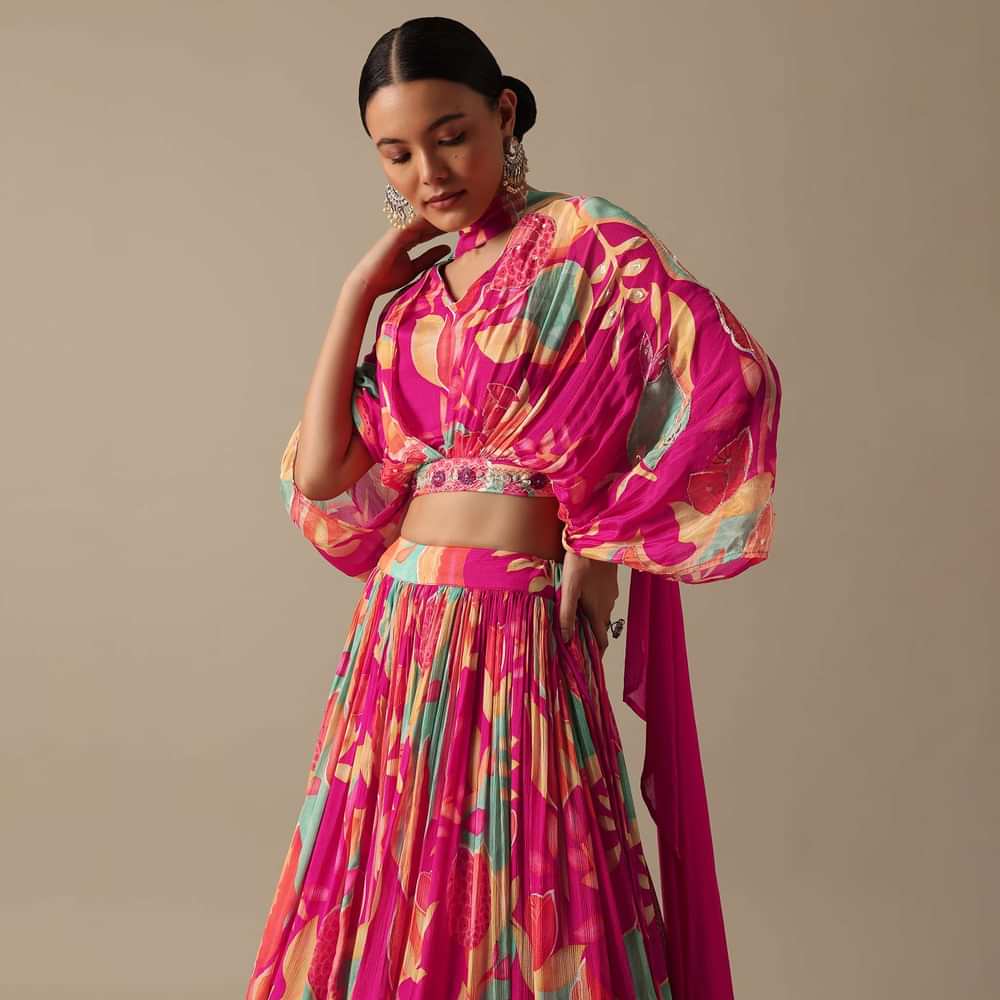 Multicolor Floral Print Lehenga Set In Chiffon