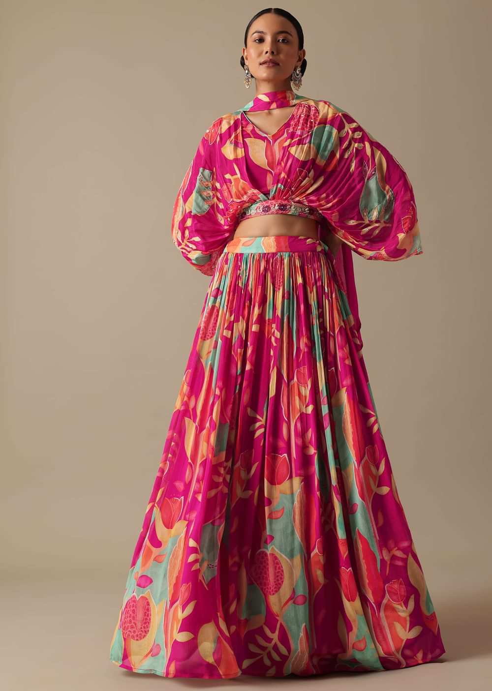 Multicolor Floral Print Lehenga Set In Chiffon