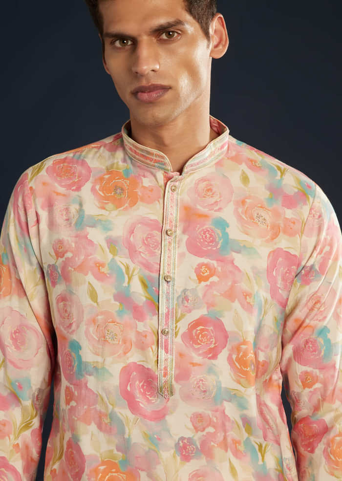 Multicolor Floral Print Silk Kurta and Pant Set