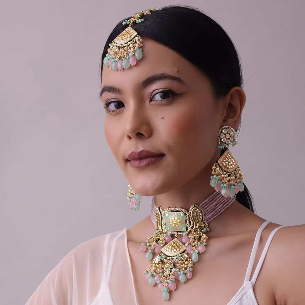 Multicolor Gold-Finish Kundan Choker Necklace Set With Colourful Meenakari Work And Stones In Mix Metal