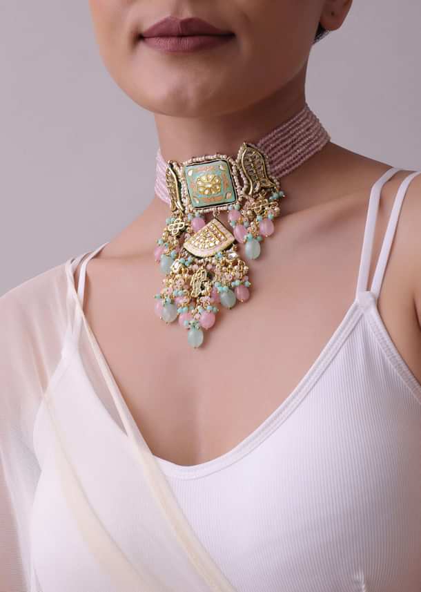 Multicolor Gold-Finish Kundan Choker Necklace Set With Colourful Meenakari Work And Stones In Mix Metal Multicolor Gold-Finish Kundan Choker Necklace Set With Colourful Meenakari Work And Stones In Mix Metal