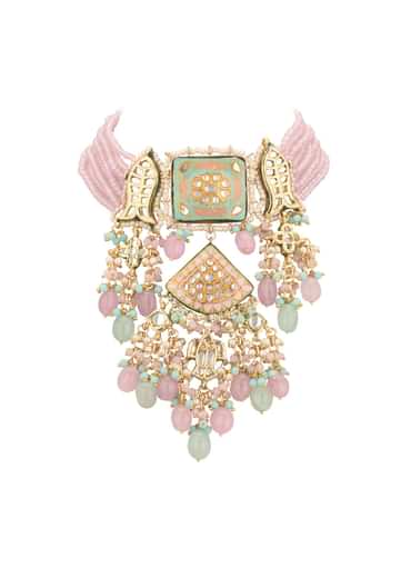 Multicolor Gold-Finish Kundan Choker Necklace Set With Colourful Meenakari Work And Stones In Mix Metal