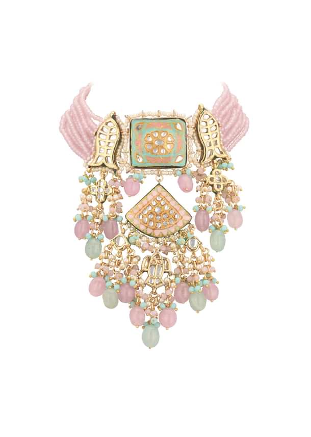 Multicolor Gold-Finish Kundan Choker Necklace Set With Colourful Meenakari Work And Stones In Mix Metal Multicolor Gold-Finish Kundan Choker Necklace Set With Colourful Meenakari Work And Stones In Mix Metal