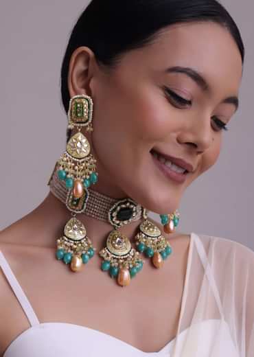 Multicolor Gold-Finish Kundan Choker Necklace Set With Colourful Meenakari Work And Drop-Stones In Mix Metal
