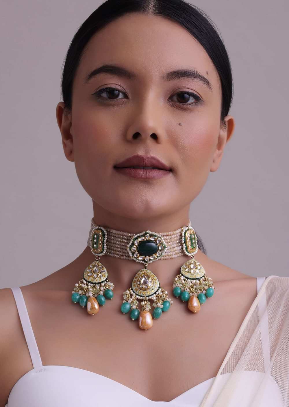 Multicolor Gold-Finish Kundan Choker Necklace Set With Colourful Meenakari Work And Drop-Stones In Mix Metal