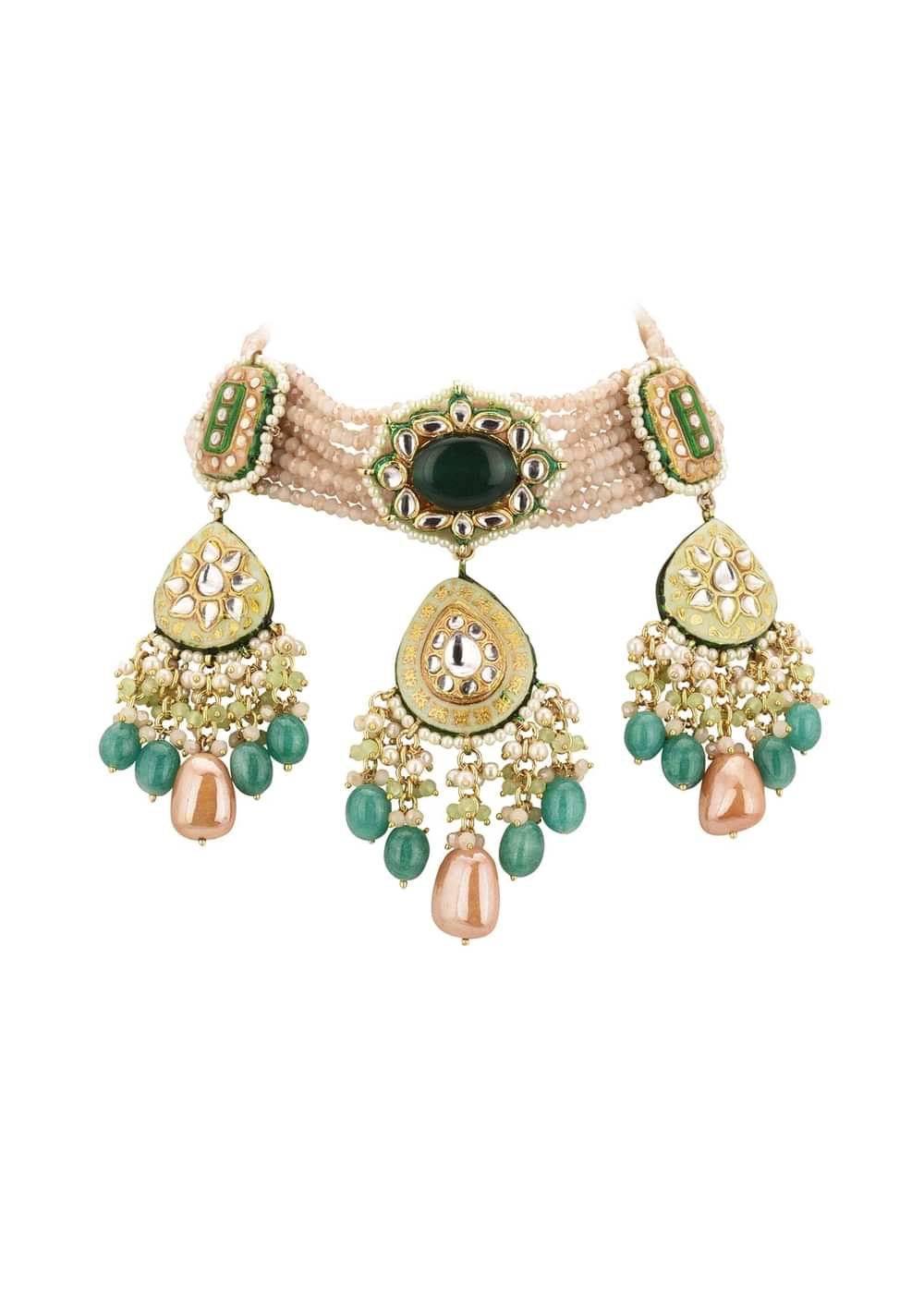 Multicolor Gold-Finish Kundan Choker Necklace Set With Colourful Meenakari Work And Drop-Stones In Mix Metal