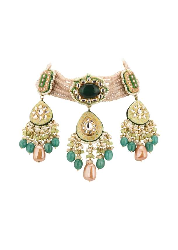 Multicolor Gold-Finish Kundan Choker Necklace Set With Colourful Meenakari Work And Drop-Stones In Mix Metal