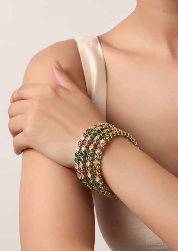 Multicolor Kundan Bangles With Encrusted Stones (Set of 4) Multicolor Kundan Bangles With Encrusted Stones (Set of 4)