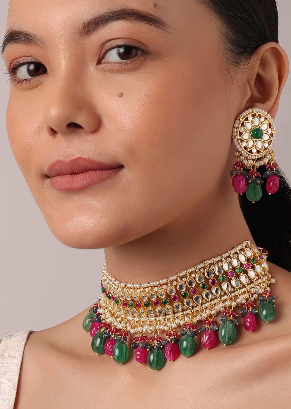 Multicolor Kundan Choker And Drop Earrings