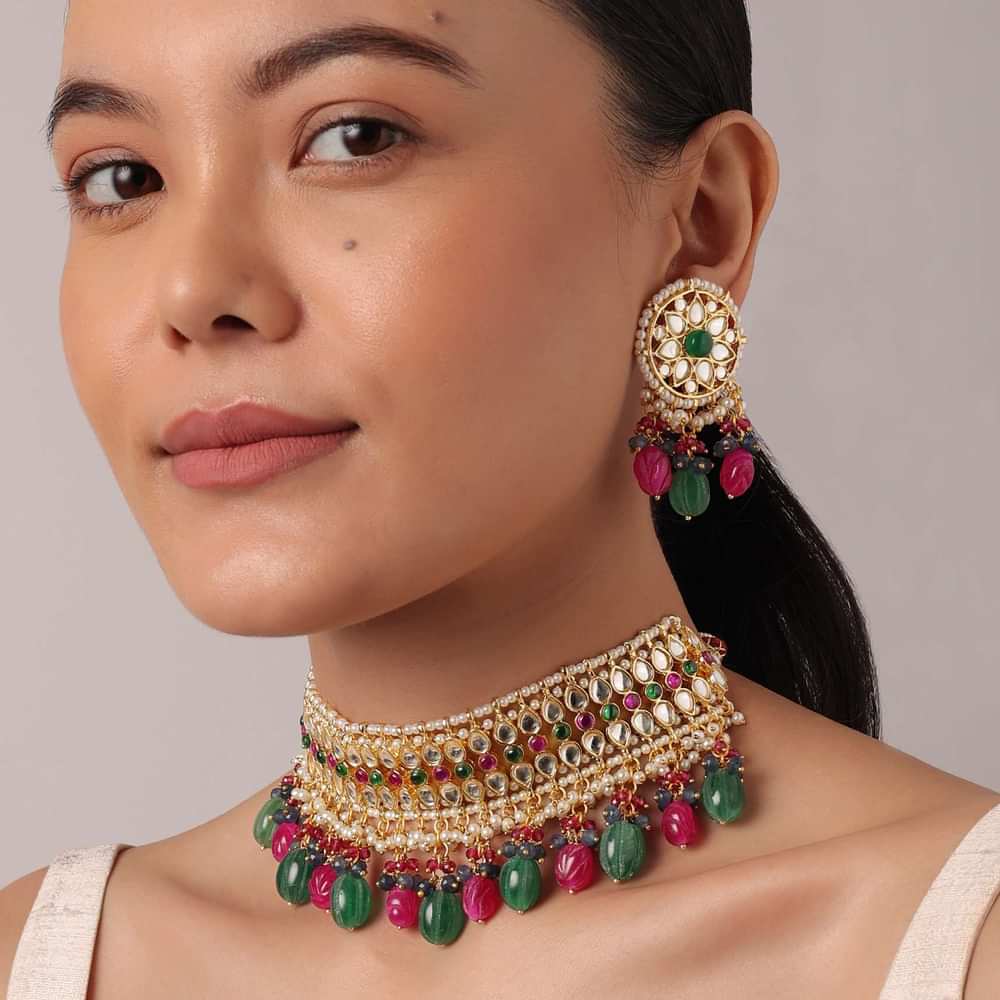 Multicolor Kundan Choker And Drop Earrings