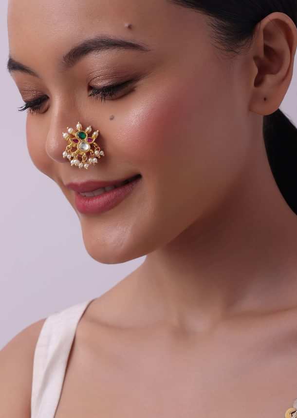 Multicolor Kundan Studded Nath In Gold Finish Mix Metal Multicolor Kundan Studded Nath In Gold Finish Mix Metal