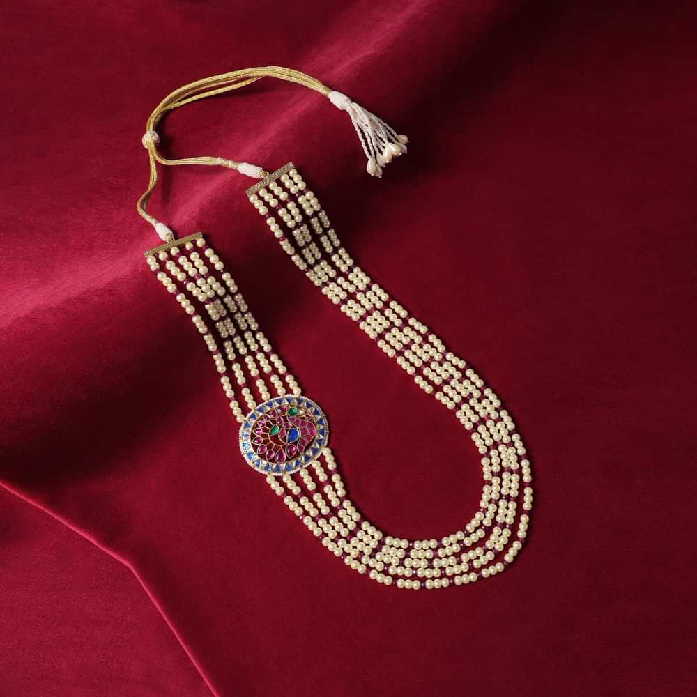 Multicolor Long Mala In Mix Metal With Pearls And Meenakari Motif